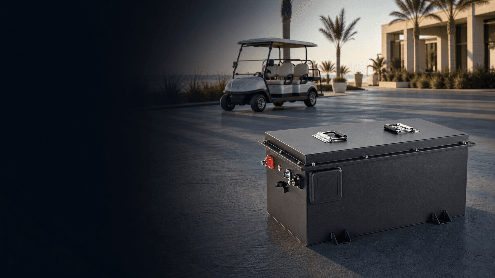 Lithium fleet battery beside an unbranded passenger vehicle at a Gulf resort
